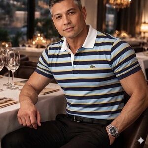 Lacoste Striped Light Blue, Navy & Yellow Polo